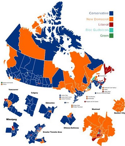 Canada election 2011: Conservatives in Blue, Socialists in Red, Communists in Orange