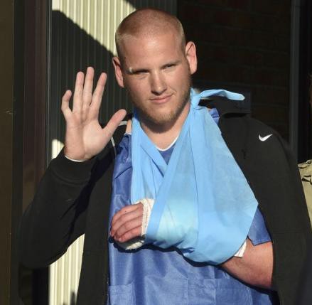 US serviceman Spencer Stone departs the Clinique Lille Sud