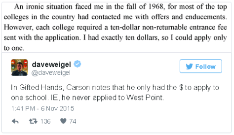 Washington Post journalist points out that Carson says he never applied to West Point