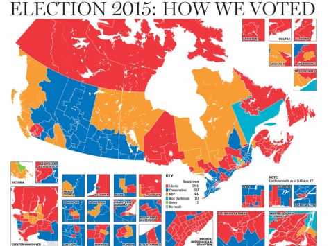 Canada Election 2015: Socialists in red, Communists in Orange, Conservatives in blue