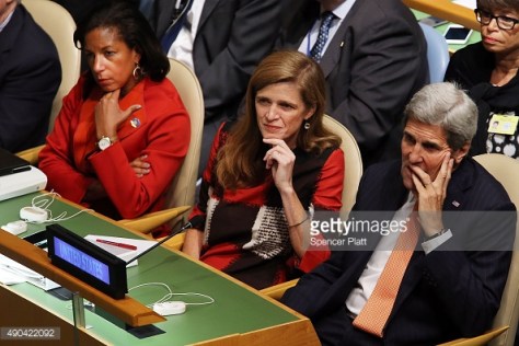 Secretary of State John Kerry, United States Ambassador to the United Nations Samantha Power (center) and United States National Security Advisor Susan Rice