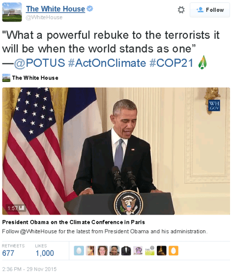 Barack Obama says that fighting global warming is a rebuke to Islamic terrorism