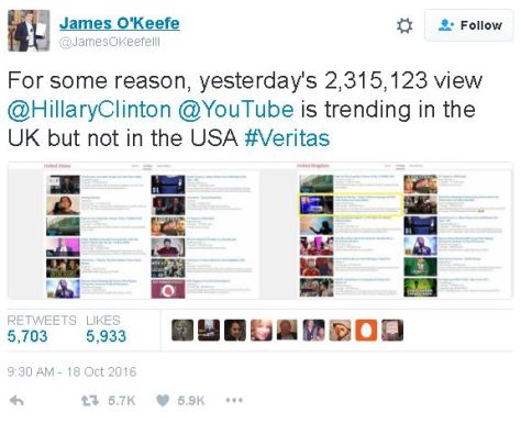 Google censors O'Keefe video from YouTube Trending section