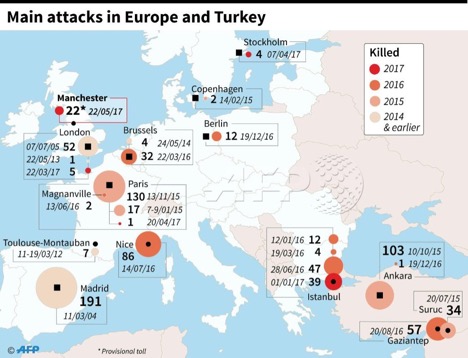 Map of terrorist attacks in Europe
