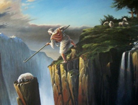 A good shepherd rescuing a lost sheep who had no hope