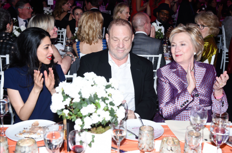 Huma Abedin (left), Harvery Weinstein (center), Hillary Clinton (right)
