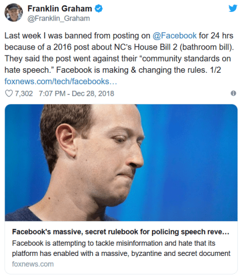 Facebook banned Franklin Graham for "hate speech"