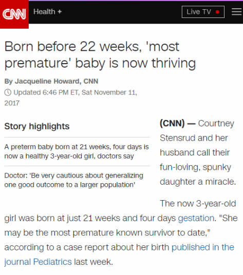 CNN: Unborn baby born at 21 weeks is "thriving"
