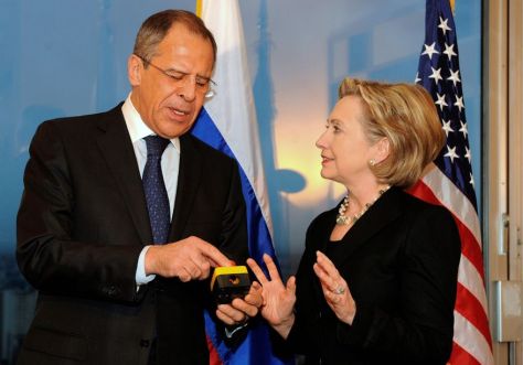 Secretary of State Hillary Rodham Clinton presents Russian Foreign Minister Sergey Lavrov with a “reset button”