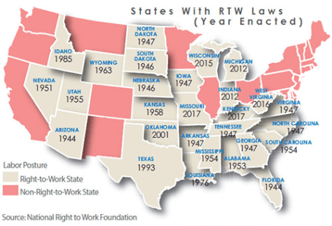 Map of states showing adoption of right-to-work laws