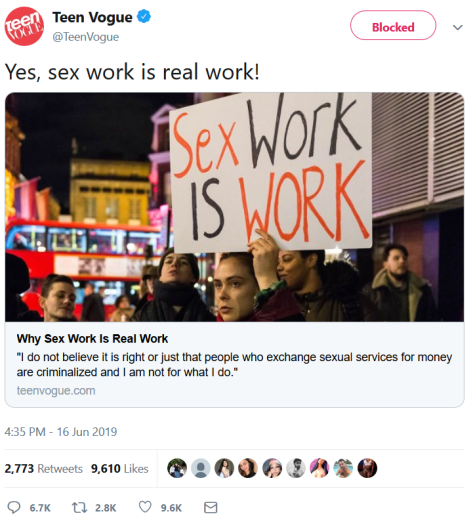 Ten Vogue urges young women to legalize sex trafficking