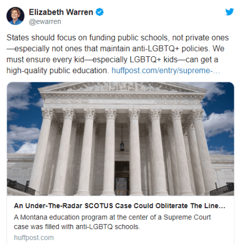 Elizabeth Warren will says Christian schools are her enemy