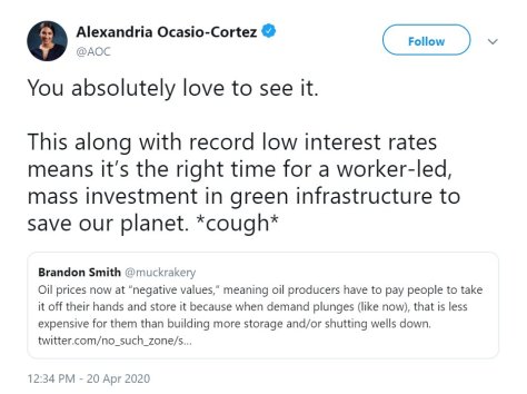 AOC: cheap oil makes expensive green energy viable